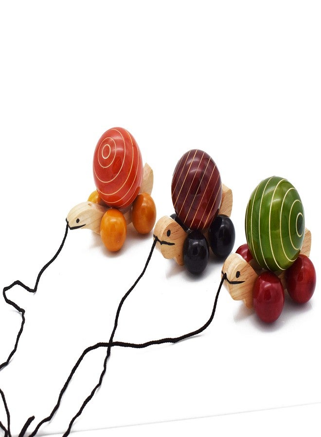 JustHandmade Wooden Tortoise Pull Along Toy for Kids, Colors May Vary (Combo of 3) - Image 2